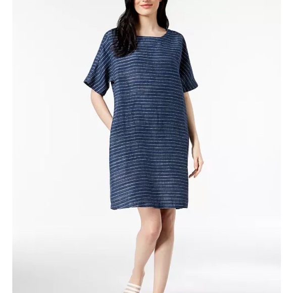 Eileen Fisher Dresses & Skirts - Eileen Fisher Organic Linen Delave Pinstripe Scoop Neck Tunic Dress Sz XXS *R23